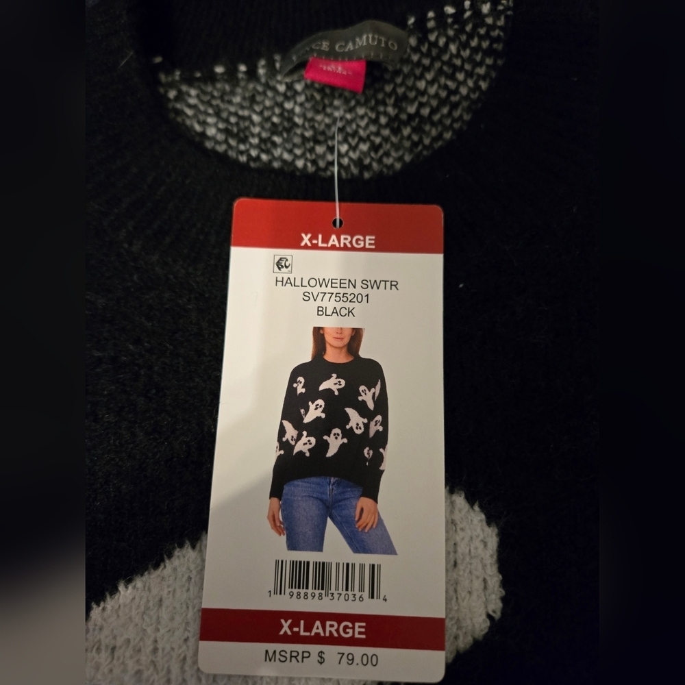 New Vince Camuto Black and White Ghost Knit Crewneck Sweater - Picture 4 of 6